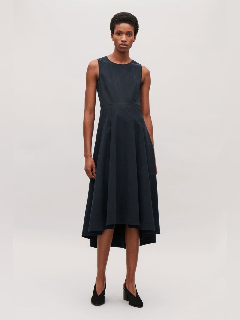 COS Waisted Pleated Sleeveless Midi Dress Black High Low Hem Small Minimalist